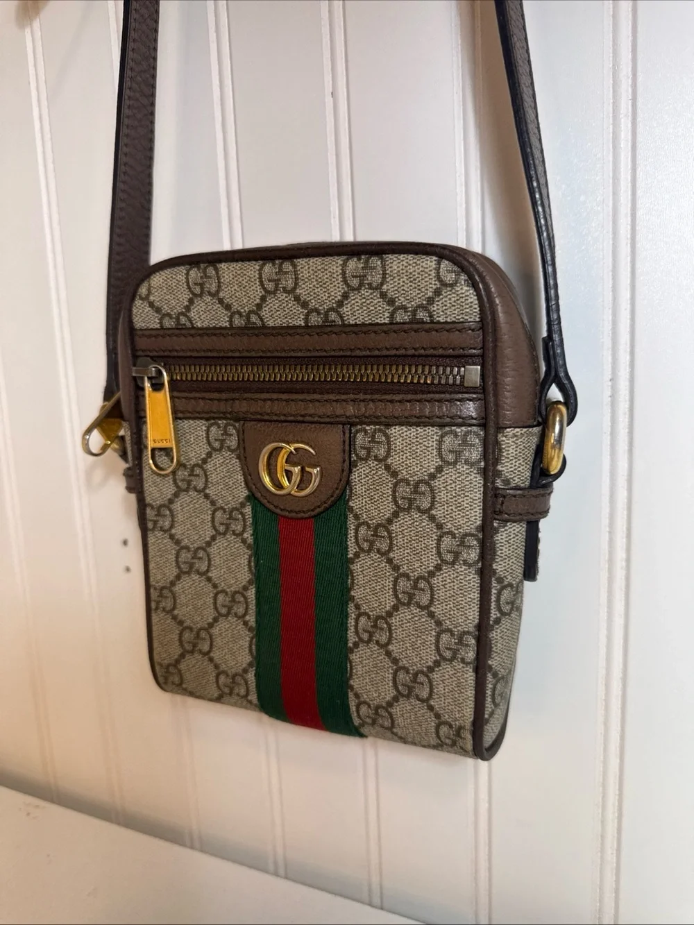 Gucci Brown GG Supreme Messenger with Green and Red Web cross body